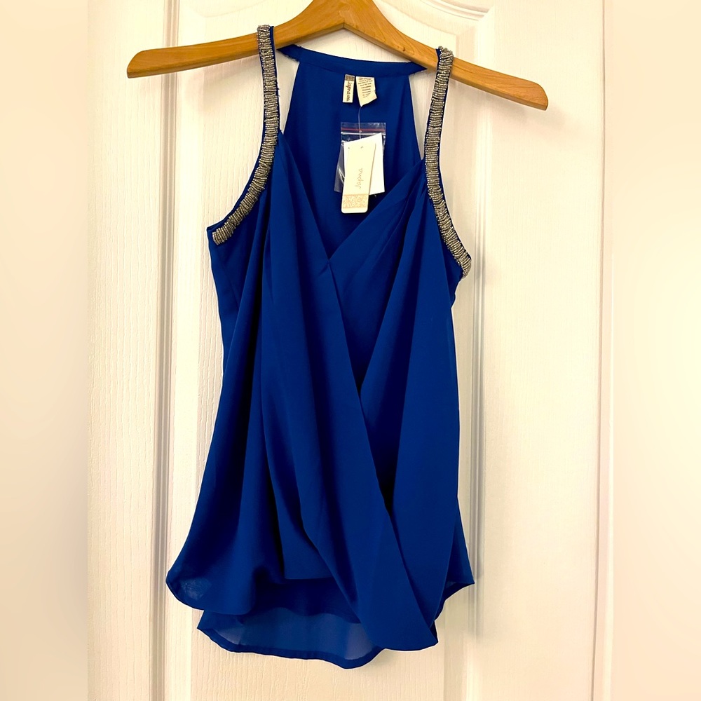 Royal blue polyester tank halter with silver beading detail